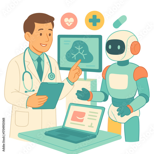 Flat vector illustration of doctor and robot analyzing lung scan and medical data. Artificial intelligence, healthcare technology, diagnostics and hospital innovation concept