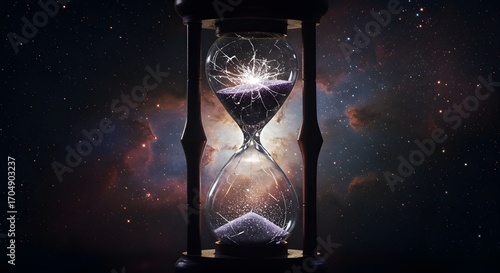 A cracked hourglass glowing with star dust, symbol of cosmic time.