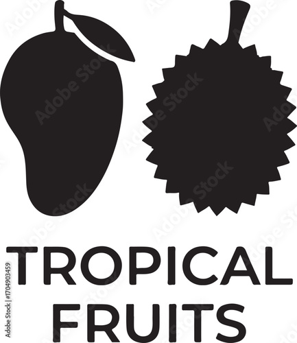 Silhouette vector of tropical fruits icon featuring mango and durian representing exotic flavors.