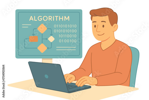 Flat vector illustration of programmer working on laptop with algorithm flowchart on screen. Coding, software development, computer science, data and IT education concept