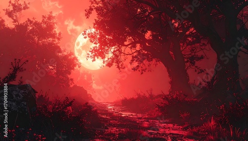 Blood-red moonlit forest path