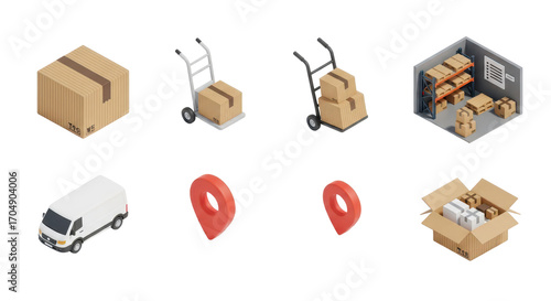 Logistics and e-commerce delivery service 3D isometric icon set with warehouse, truck, parcels and location pins