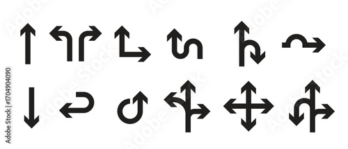Collection of black vector arrows in various directions and styles. Includes flat arrow icons for navigation, user interface, road signs, and wayfinding. Features turning arrows, Vector Illustration.