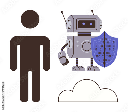 Person silhouette, robot holding shield with binary code, and cloud. Ideal for cybersecurity, AI, human-tech collaboration, cloud computing, data protection, machine learning simple flat metaphor