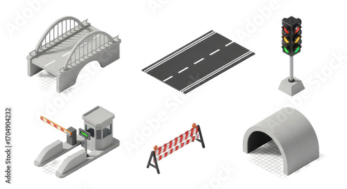 Isometric 3D Icons Bridge, Road, Traffic Light, Toll Booth, Barrier, Tunnel for Transportation