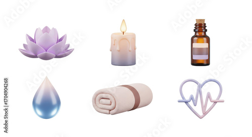 Wellness and Self-Care 3D Icon Set Lotus, Candle, Oil, Towel, Drop, Heart, for Balance