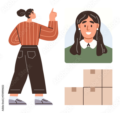 Woman pointing upwards, portrait of a smiling woman, and stack of cardboard boxes. Ideal for leadership, service, communication, teamwork, organization logistics and management. Simple flat
