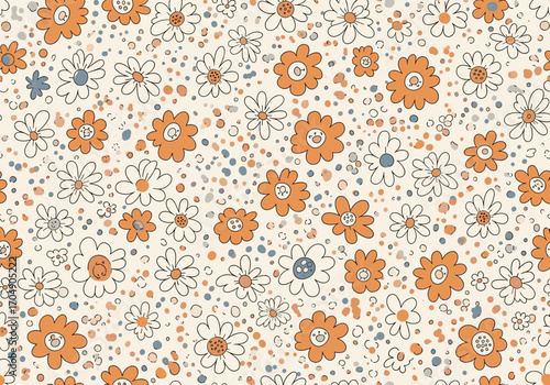 Cute hand drawn floral pattern with small flowers and dots.