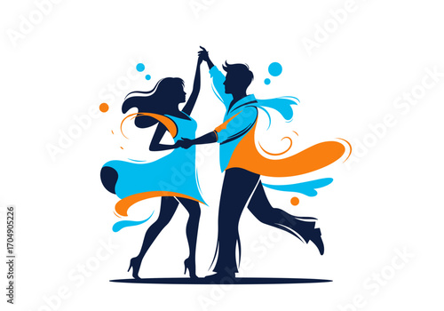 Couple dancing with flowing fabric and abstract shapes.