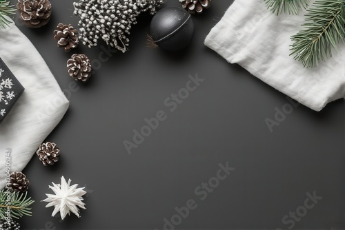 A minimalist holiday arrangement featuring pinecones, white star ornaments, evergreen sprigs, and soft linen napkins on a dark gray surface, creating a serene and elegant seasonal composition