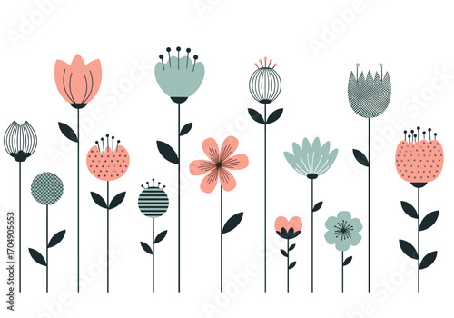 Collection of stylized flowers in various colors and shapes on a white background.