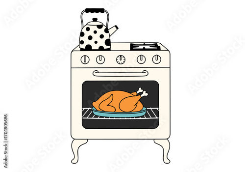 Roast chicken cooking in a vintage oven with a kettle on top.