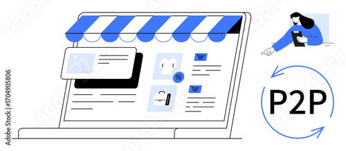 Laptop screen with digital storefront, products, discount banners, sidebar navigation, and P2P exchange. Woman using mobile device. Ideal for e-commerce, technology, retail transactions