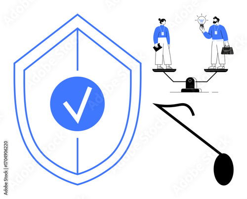 Shield with check mark symbolizing protection, people balancing ideas on scale, and magnifying glass for scrutiny. Ideal for security, collaboration, research, analysis, fairness, problem-solving