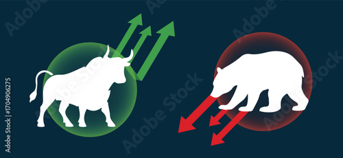 Bull or Bear Market Trend in Cryptocurrency and Stock Trading, Bullish Rally or Bearish Crash Concept with Price Chart, Green Up and Red Down Arrows, Global Economy Boom or Decline Vector Illustration
