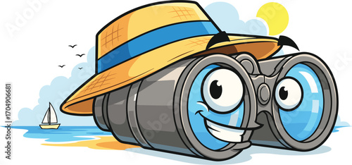 Happy cartoon binoculars wearing a hat on a beach with a sailboat