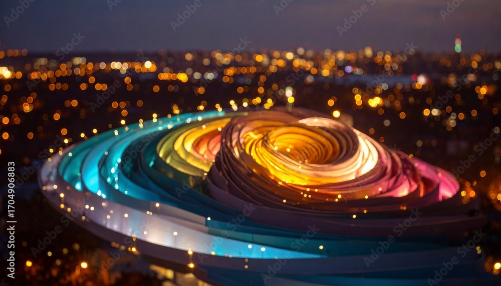 Fototapeta premium Swirling colorful illuminated bands at night with city lights bokeh abstract background
