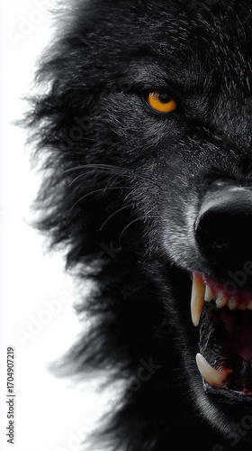 Close-up of a snarling black wolf with sharp teeth and piercing yellow eyes, showcasing wild nature's raw intensity.