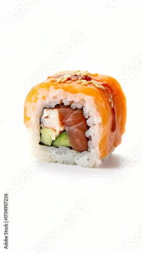 Wallpaper Mural Delicious sushi roll with salmon, rice, cucumber, and creamy filling, topped with sesame seeds and a drizzle of sauce on white background Torontodigital.ca