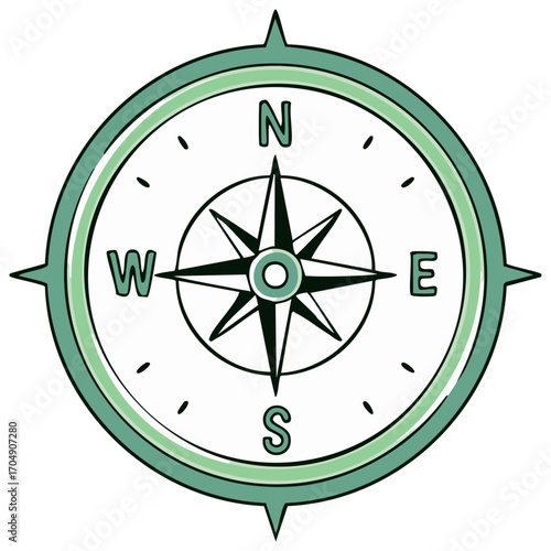 Hand-drawn compass illustration, with directions and stylized design in green colors.