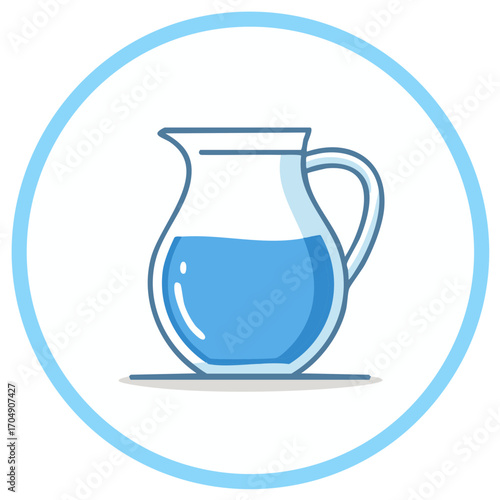 Blue clean water in a clear glass pitcher or jug within a circle icon illustration