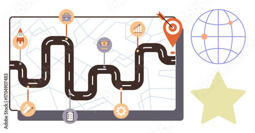 Winding path inside digital map with goal pin and progression icons thumbs up rocket, briefcase, gear, graph. Ideal for planning, strategy, progress, achievement, goals analytics success metaphor