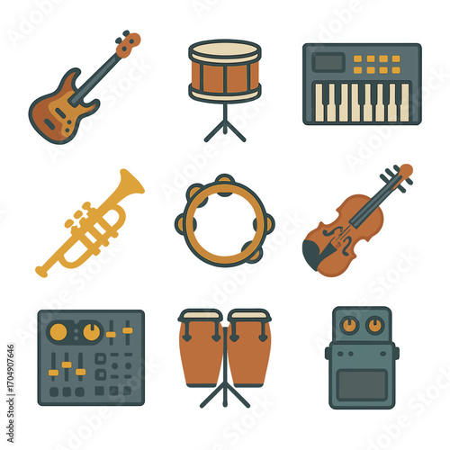 Music Instruments Icons. Flat icon set of music instruments on stage: electric bass, acoustic drum, keyboard