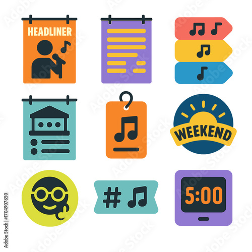 Music Festival Icons. Flat icon set of music festival banners: headliner poster, lineup flyer, genre tags,