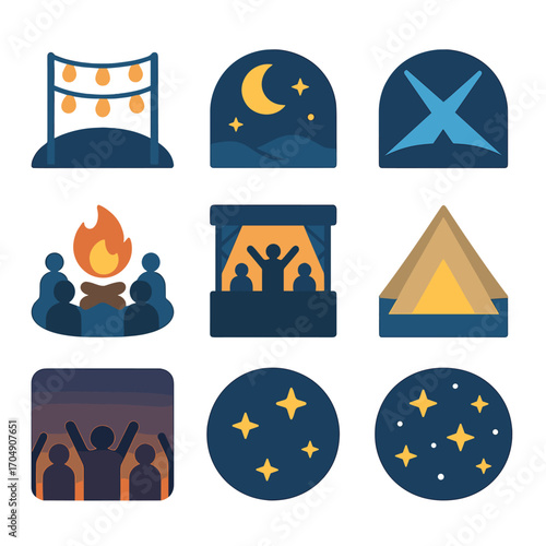 Evening Concert Icons. Flat icon set of evening concert scenes: festival lights, moonlit sky, laser dome,