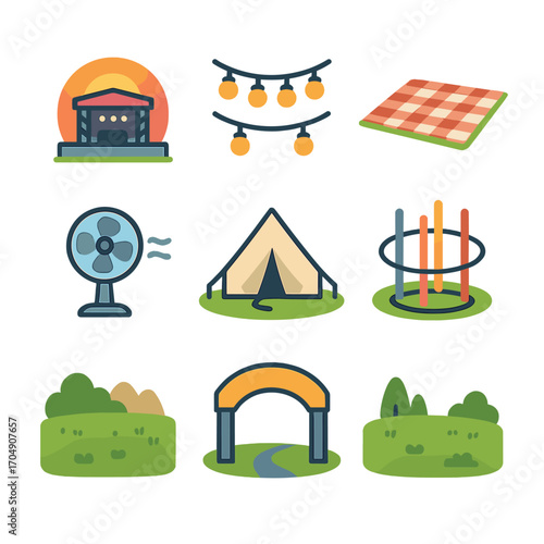 Open-Air Festival Icons. Flat icon set of open-air festival scenes: sunset over stage, string lights, picnic