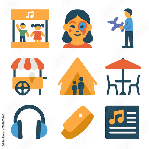 Family Music Icons. Flat icon set of family-friendly music events: kids stage, face paint, balloon artist, ice