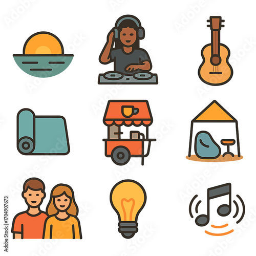 Sunrise Music Icons. Flat icon set of sunrise music sessions: sunrise horizon, ambient DJ, acoustic strings,