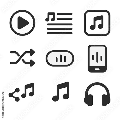 Digital Music Icons. Flat icon set of digital music apps: play button, playlist icon, music app icon, shuffle