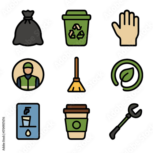 Festival Cleanup Icons. Flat icon set of festival cleanup tools: trash bag, recycling bin, glove hand, cleanup