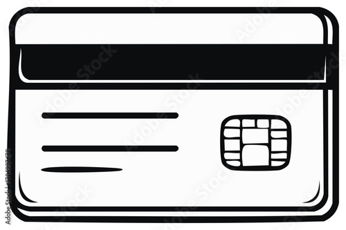 Black and white illustration of a credit card with a magnetic stripe and chip