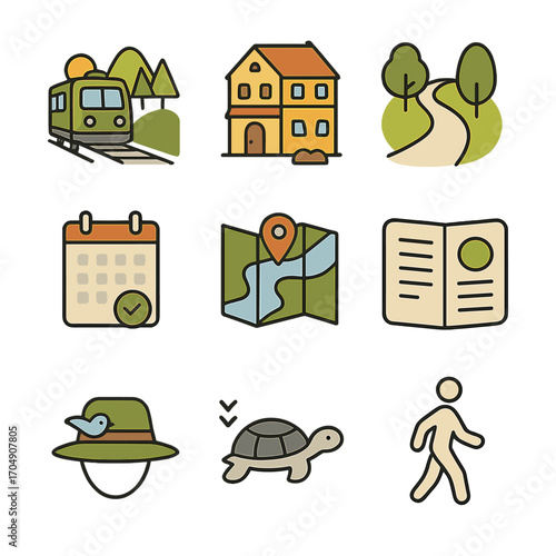 Slow Travel Icons. Flat icon set of slow travel visuals: scenic train, local inn, walking path, hammock rest,