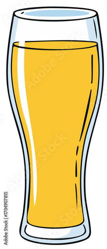 Cartoon style clear glass filled with golden yellow beverage, isolated on white