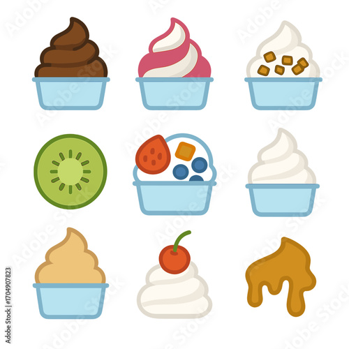 Frozen Yogurt Icons. Flat icon set of frozen yogurt treats: chocolate froyo, berry swirl, granola topping,