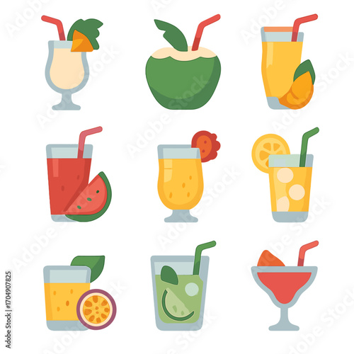 Tropical Drink Icons. Flat icon set of tropical summer drinks: piña colada, coconut water, mango cooler,