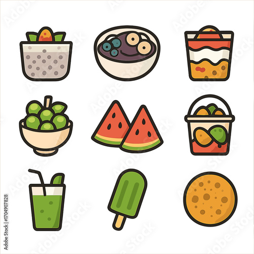 Summer Treats Icons. Flat icon set of healthy summer treats: chia pudding, acai bowl, yogurt parfait, frozen