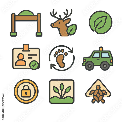 Protected Nature Icons. Flat icon set of protected natural zones: national park gate, wildlife preserve, eco