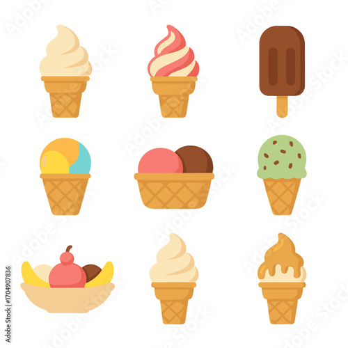 Summer Ice Cream Icons. Flat icon set of classic summer ice creams: vanilla cone, strawberry swirl, chocolate