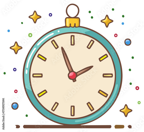 Festive Illustration of a Teal Clock with Sparkling Star Decorations and Confetti