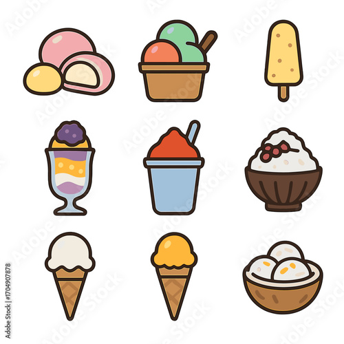 International Frozen Desserts. Flat icon set of international frozen desserts: mochi ice cream, gelato cup,