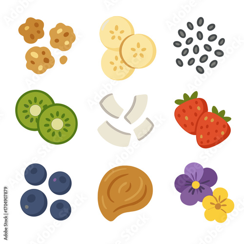 Smoothie Bowl Ingredients. Flat icon set of smoothie bowl ingredients: granola clusters, banana slices, chia