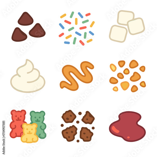 Ice Cream Toppings Icons. Flat icon set of ice cream toppings: chocolate chips, rainbow sprinkles,
