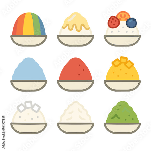 Shaved Ice Icons. Flat icon set of shaved ice desserts: rainbow shave ice, condensed milk drizzle, fruit