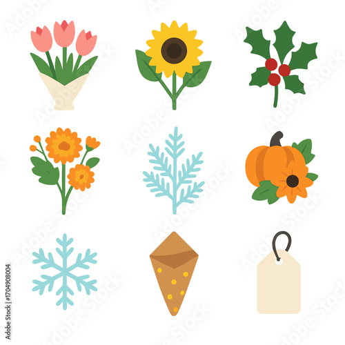 Seasonal Bouquet Icons. Flat icon set of seasonal bouquet themes: spring tulips, summer sunflowers, autumn