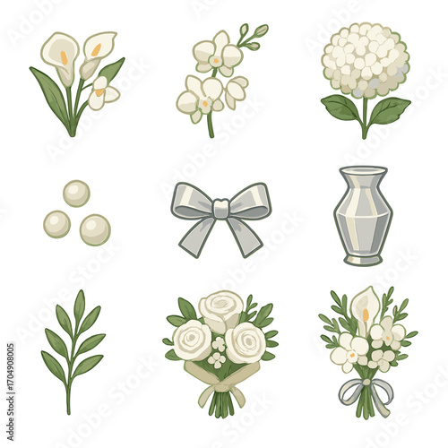 Elegant Floral Icons. Flat icon set of elegant floral arrangements: calla lilies, orchid stems, white