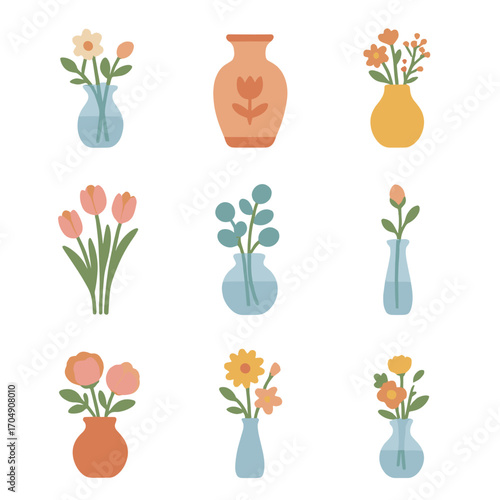 Floral Vase Icon Set. Flat icon set of floral vase displays: glass vase, ceramic vase, wildflower vase, tulip